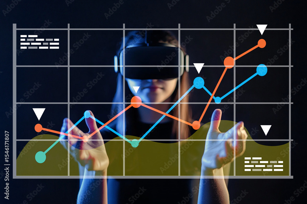 Poster woman interacting with virtual reality data visualization in a dark environment with trend lines and