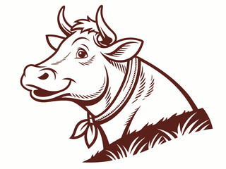 Brown Cow Head Logo Vector Illustration with Grass Smiling Cow Face Isolated on White Background
