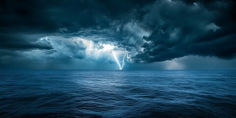 Fototapeta premium Dramatic Lightning Storm over Ocean Dark Clouds Night Sky Intense Weather
