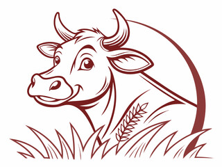 Brown Cow Head Logo in Grass with Wheat V E C T O R bull cattle