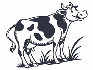 Happy Cow Logo Design Black and White V E C T O R Illustration Dairy Farm Animal Cartoon Style Isolated Cutout