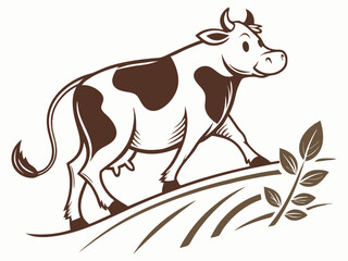 Brown and White Cow Walking on Hillside with Brown Leaves V E C T O R Logo vector illustration