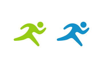 Two stylized figures running in green and blue hues