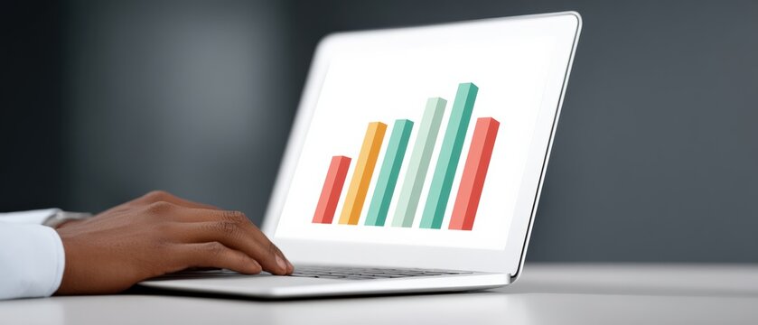 Analyzing business growth trends office environment digital data visualization modern workplace laptop viewpoint statistical insights