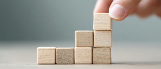 Building blocks of success a hand stacking wooden cubes minimalist workspace business growth concept