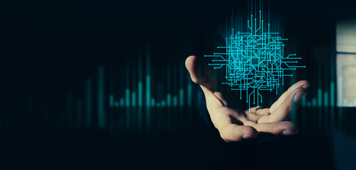 hand of businessman interactive touching a holographic of transaction financial network data...