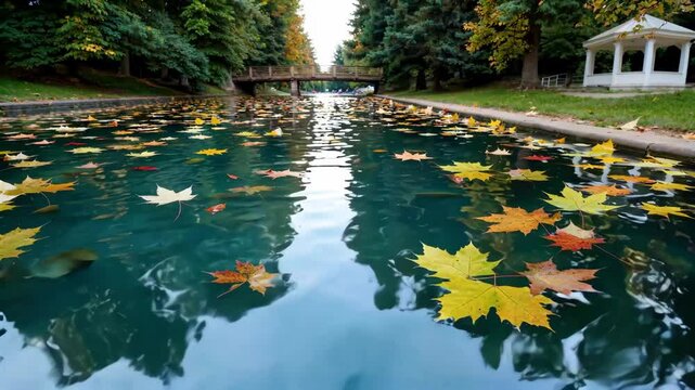 leaves floating in a pond of water with a gazel in the background