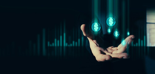 hand of businessman interactive touching a holographic of transaction financial network data...