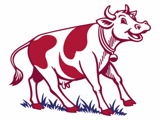 Happy Red and White Cow Logo V E C T O R Illustration on White Background Standing in Blue Grass vector