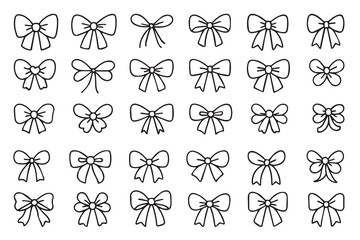 Set of hand drawn bows. Collection of sketches of decorative festive ribbons for birthday in doodle style. Illustration of symbol of wedding celebration decoration.