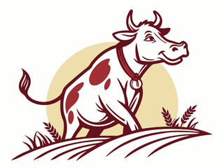 Happy Cow Logo Design Red and White Cow in Field with Wheat V E C T O R vector illustration