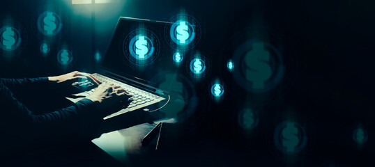 hand of businessman interactive touching a holographic of transaction financial network data...