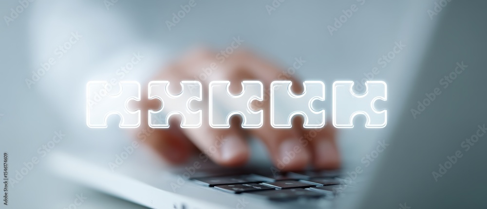 Aufkleber typing hands on laptop with puzzle pieces graphic overlay office space digital design professional e