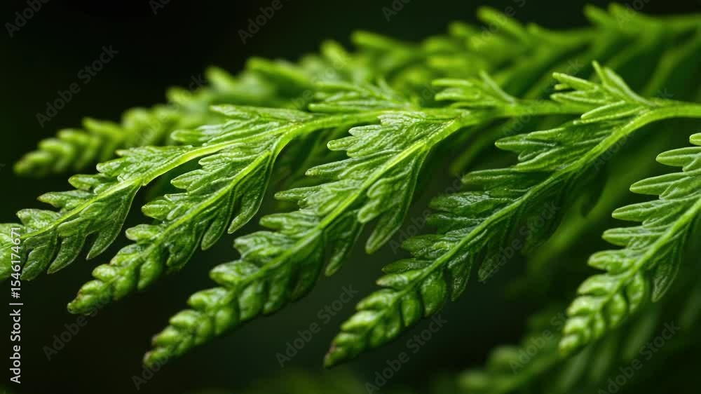 Poster a detailed shot of a fern leaf with water droplets on its surface, ideal for use in editorial or com