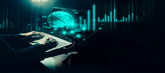 hand of businessman interactive touching a holographic of transaction financial network data...