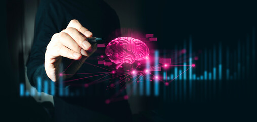 hand of businessman interactive touching a holographic of transaction financial network data...