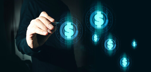 hand of businessman interactive touching a holographic of transaction financial network data...