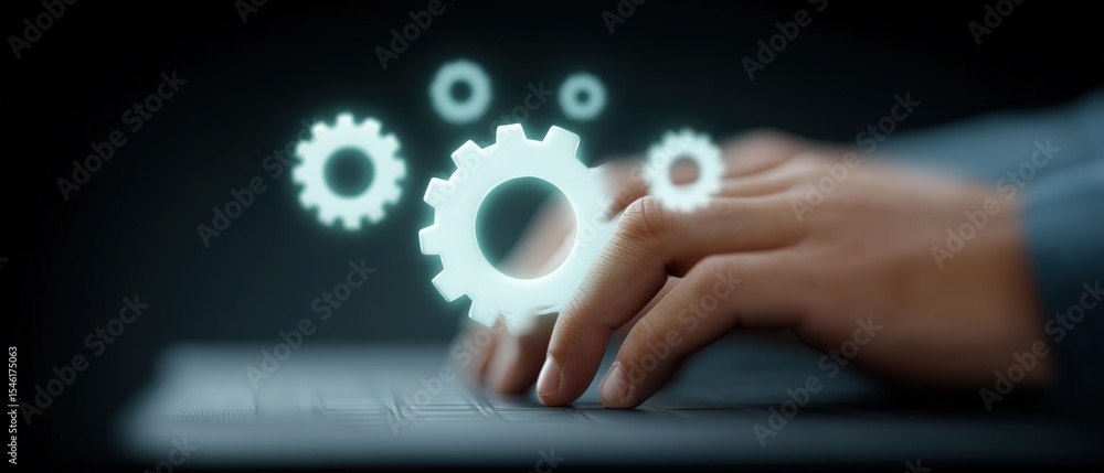 Poster hands typing on keyboard with gears overlay tech office digital interaction modern workspace close-u