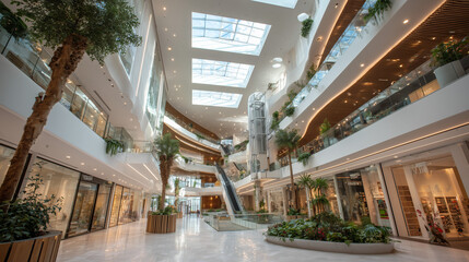 Modern shopping mall interior with clean lines and potted plants. Minimalist architecture meets natural light in urban retail space