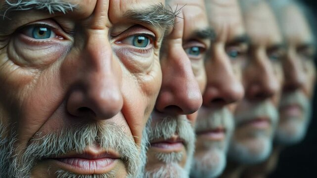 Elderly man face close up wrinkles beard profile showing serious thoughtful calm expression multiple blurred profiles row close up