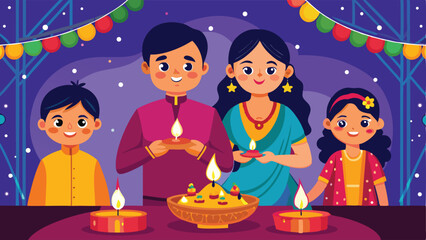 family celebrating happy Diwali with lights, vector illustration