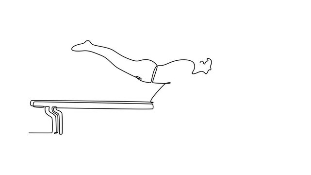 Self drawing animation of single line draw fit male gymnast performing handstand on parallel bars in professional gym. Doing calisthenics core stability exercise. Continuous line. Full length animated