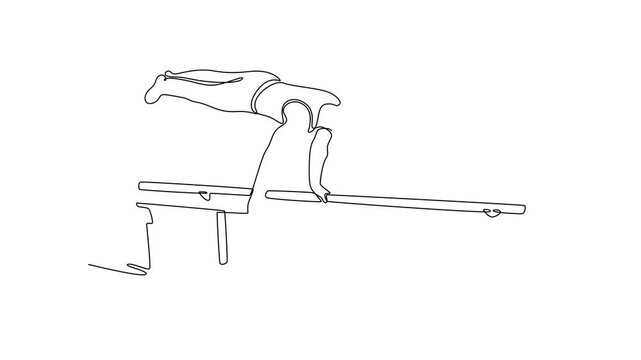 Animated self drawing of continuous line draw active male athlete doing handstand on parallel bars in professional gym. Fit sportsman perform stunt in sports clothes. Full length single line animation
