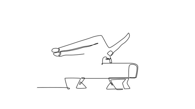 Animated self drawing of continuous line draw attractive gymnast performing on pommel horse competition artistic gymnastics. Fit strong gymnast athlete in sportswear. Full length single line animation