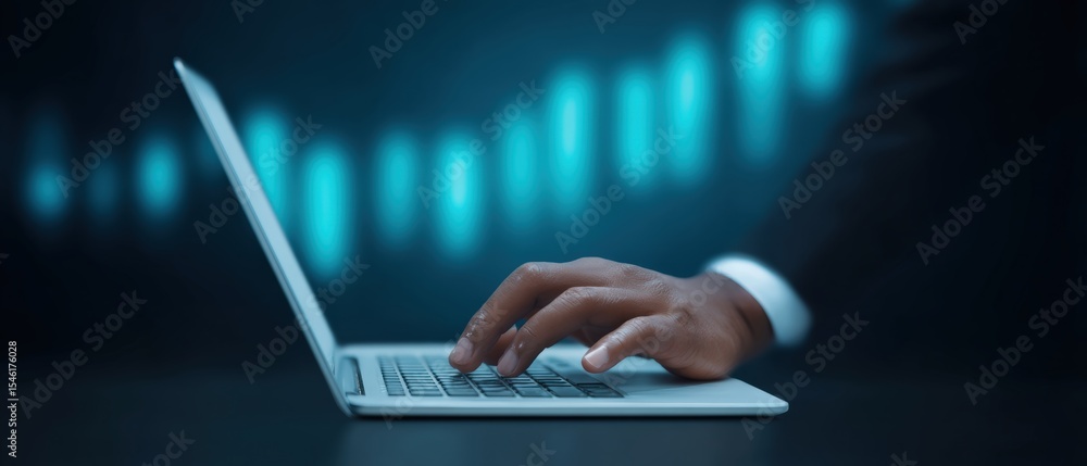 Poster analyzing data trends business insights from a laptop office setting digital analysis professional e