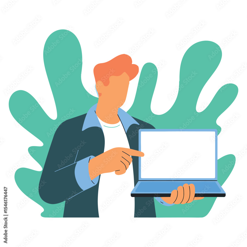 Poster man displaying laptop screen with engaging visuals minimalist illustration style presentation of mod