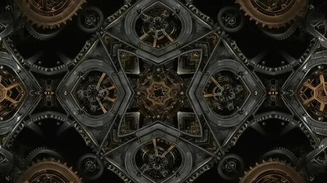 Intricate steampunk machinery design featuring gears and mechanisms in a symmetrical pattern