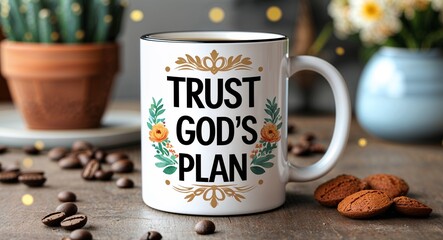 Trust Gods plan lettering on coffee mug at table motivation inspiration quote saying