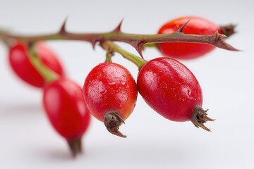 Close-up of rose hips growing on thorny stems with water drops