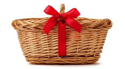 Empty wicker gift basket with red ribbon isolated on white background. .