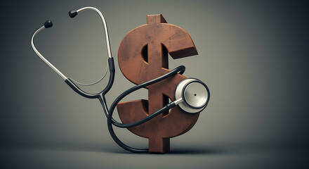 A stethoscope wrapped around a wooden dollar sign on a gray background. Symbolizes the high cost of healthcare, medical insurance, and financial health analysis.
