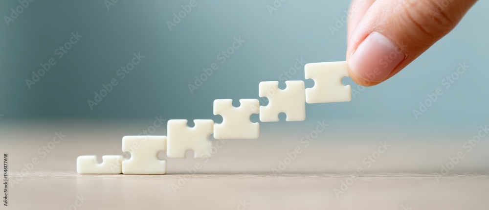 Poster creating success assembling jigsaw puzzle pieces for growth in a minimalist workspace