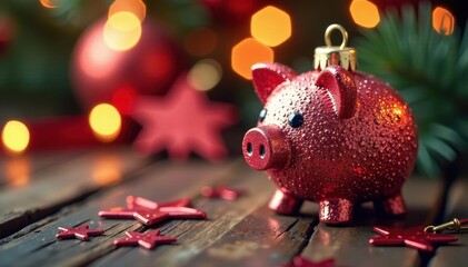 Glittery piggy bank Christmas tree ornament, soft bokeh background , cheerful, glow, winter