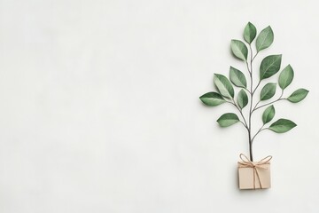 eco-friendly gift box with leafy branch on minimalist white background