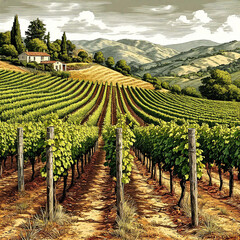 Obraz premium A vineyard plantation on a stylized engraving. Digital illustration. Panorama of the hills, Italian houses and growing grapes, The theme of wine, winemaking and labels, prints.