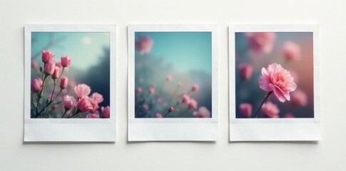 Blank white polaroid frames arranged in a line on a neutral background, overhead, set, mockup