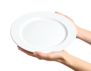 Clean white plate held by two hands.
