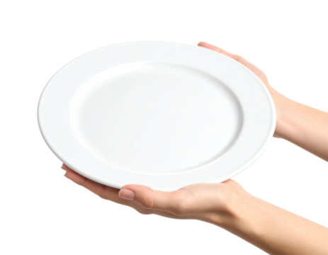 Clean white plate held by two hands.