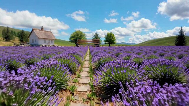 lavender field with a house in the distance and a path in the foreground