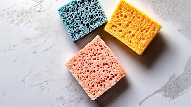 Pastel sponges on marble background clean overhead product photography
