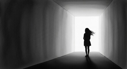Obraz premium A woman walking toward the light at the end of a tunnel