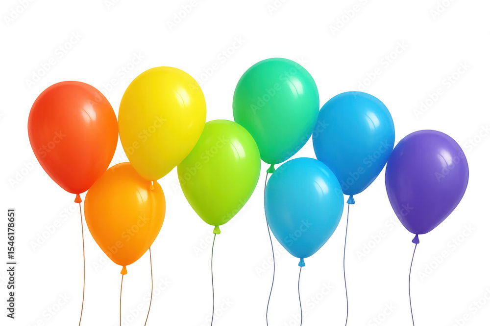 Poster rainbow colored balloons floating with strings attached, isolated on a transparent background, perfe