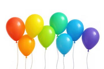Rainbow colored balloons floating with strings attached, isolated on a transparent background, perfect for party, birthday, or festive design projects