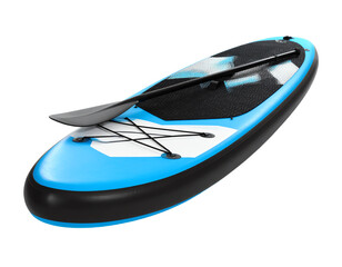 Blue paddleboard with black paddle on surface.