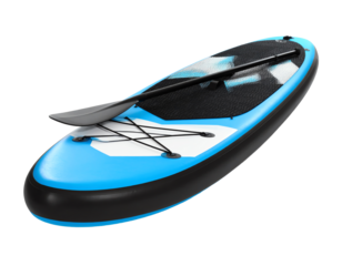 Blue paddleboard with black paddle on surface.