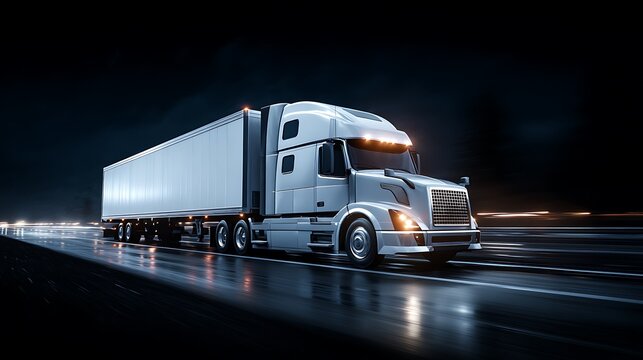 Freight drops, white semitruck with trailer on highway at night. Modern trucking concept, long exposure. .